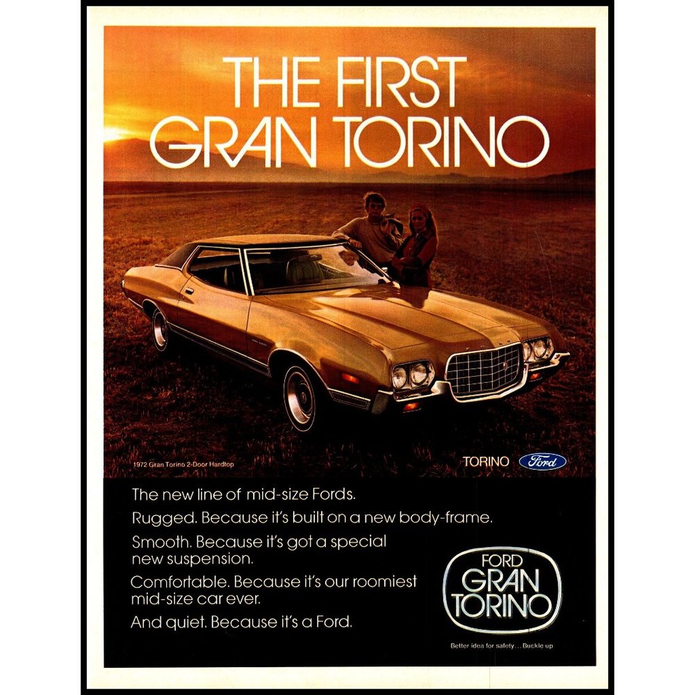 1972 Ford Gran Torino 2 Door Hardtop Vintage Print Ad Couple Sunset Wall Art